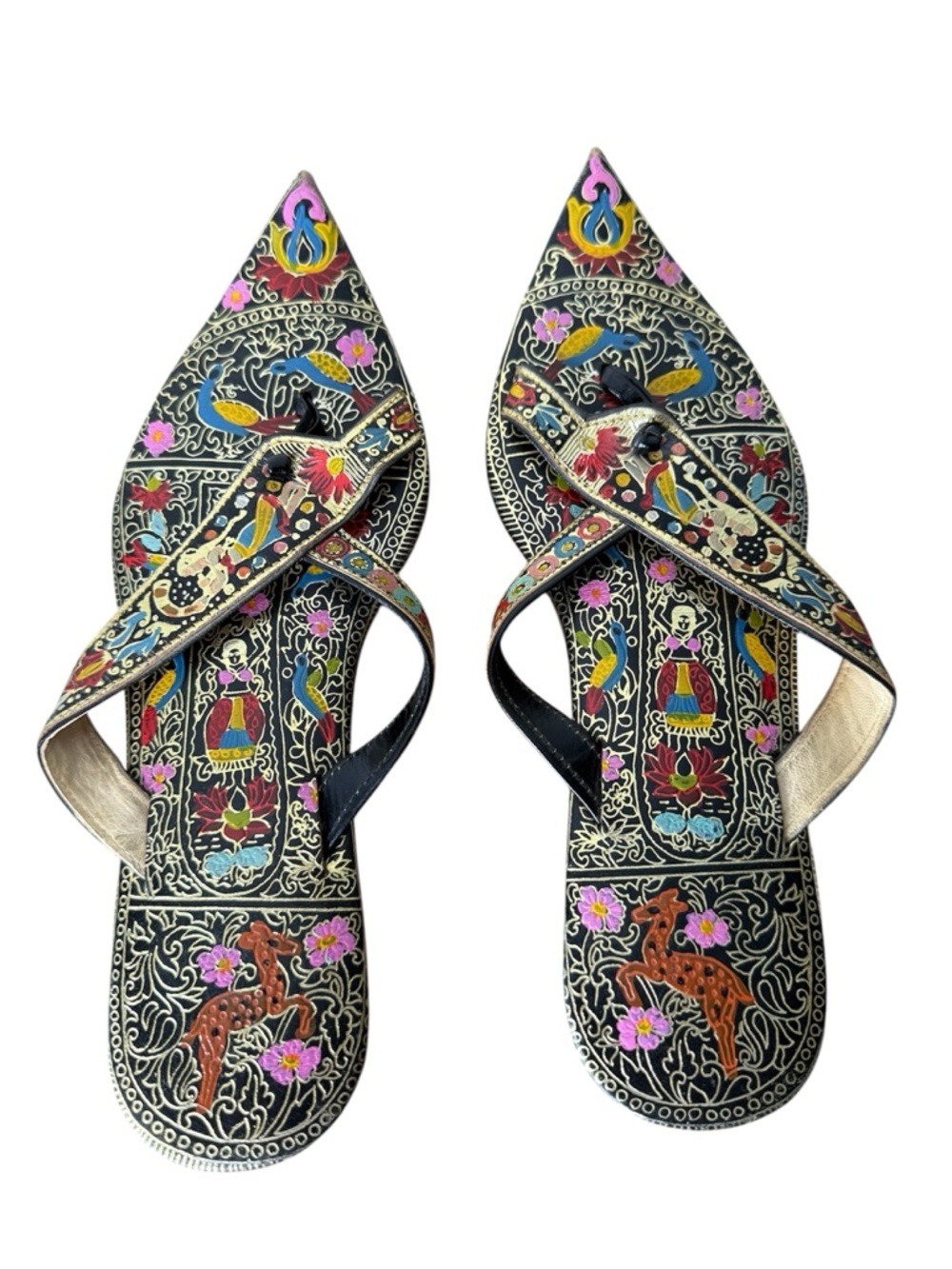 Hand Painted Leather Pointed Traditional Indian Desi Flat Juttis Sandals Thong 6